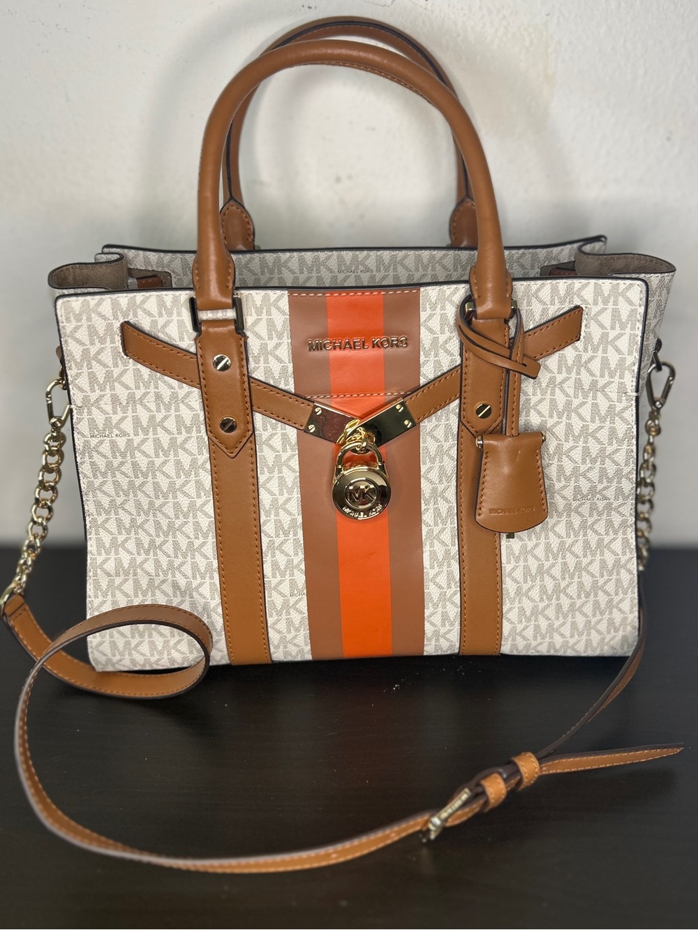 Michael Kors Beige, Tan & Orange Signature Stripe Satchel